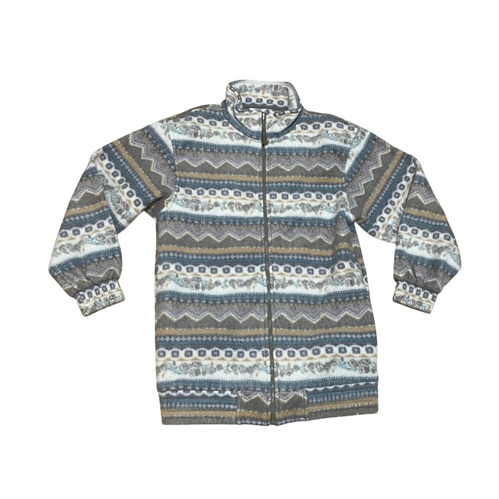 VTG Haband Womens Sm Full Zip Fleece Jacket Tan  Blue Fair Isle Geometric Floral